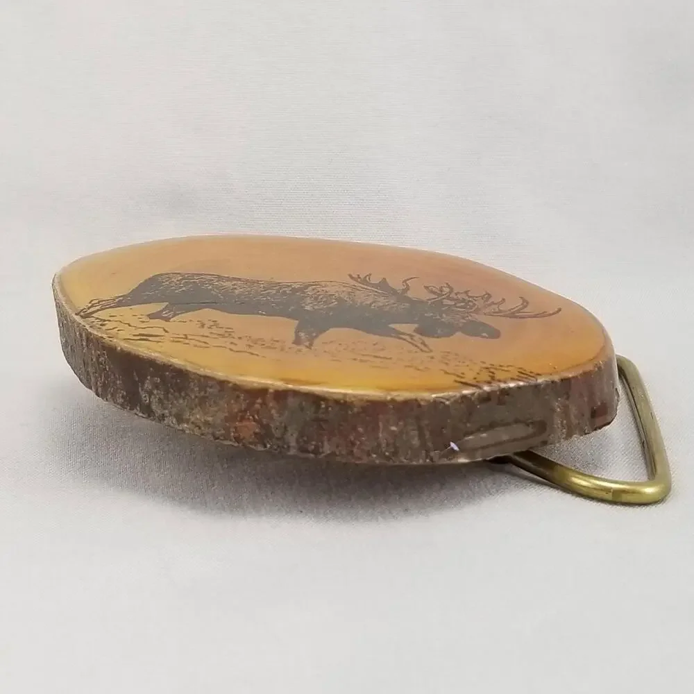Vintage Belt Buckle‎ Thick Wooden Printed Moose Enamel Covered W/ Brass Hardware